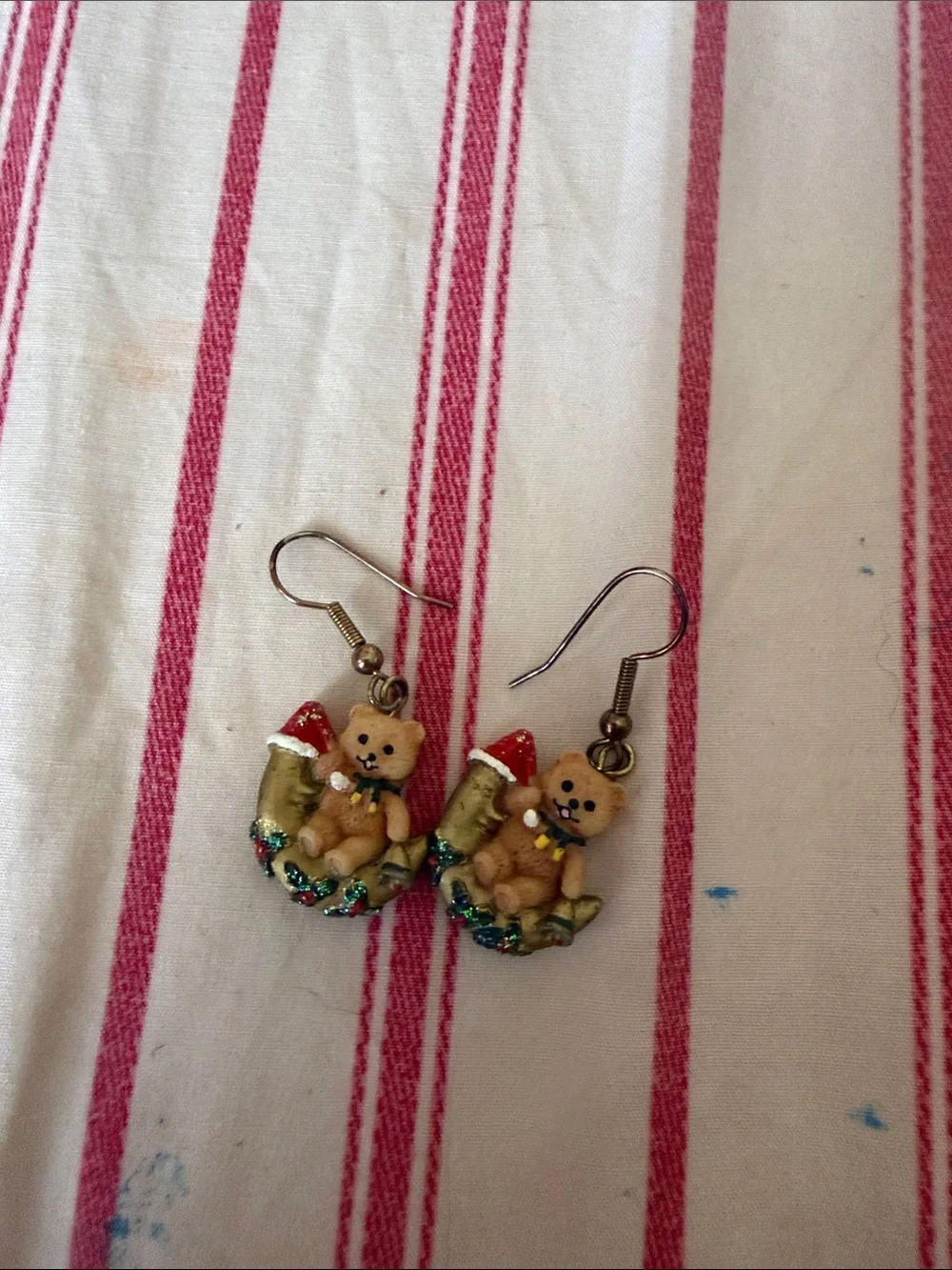 Cute Bear Christmas Stocking Kids Earrings - Red and Green